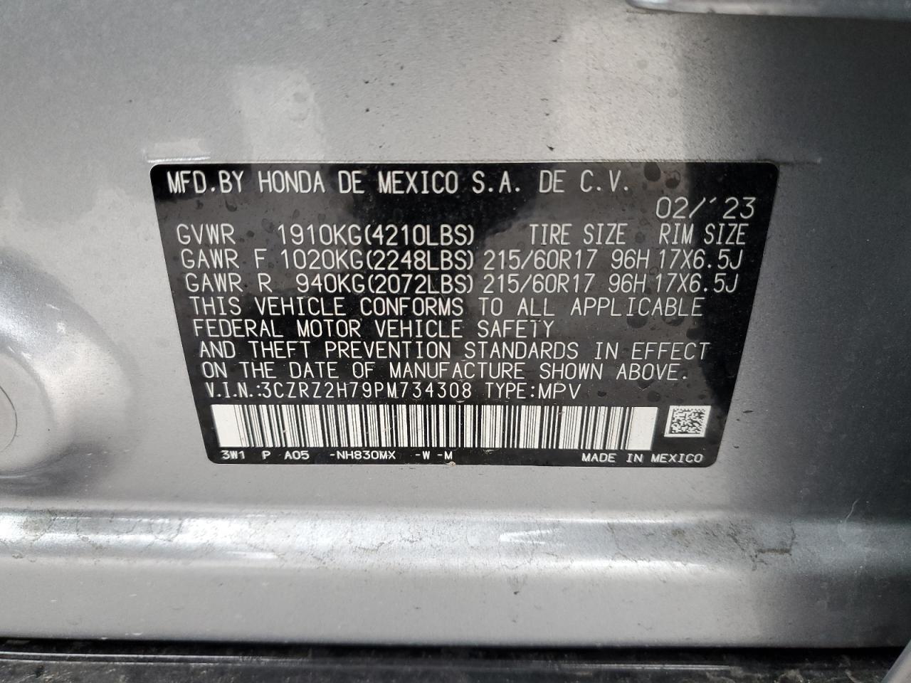 2023 HONDA HR-V EXL VIN:3CZRZ2H79PM734308