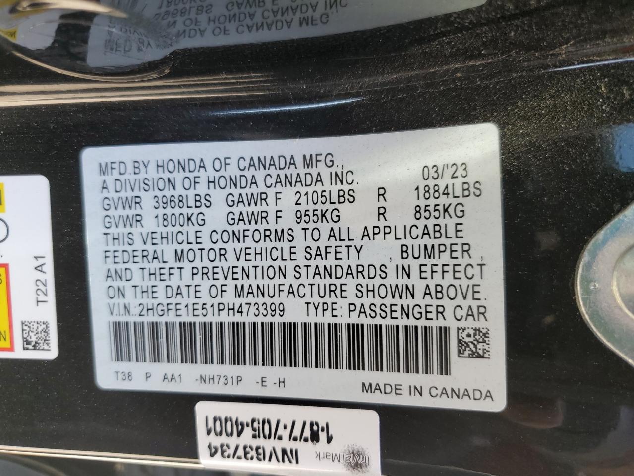 2023 HONDA CIVIC SI VIN:2HGFE1E51PH473399