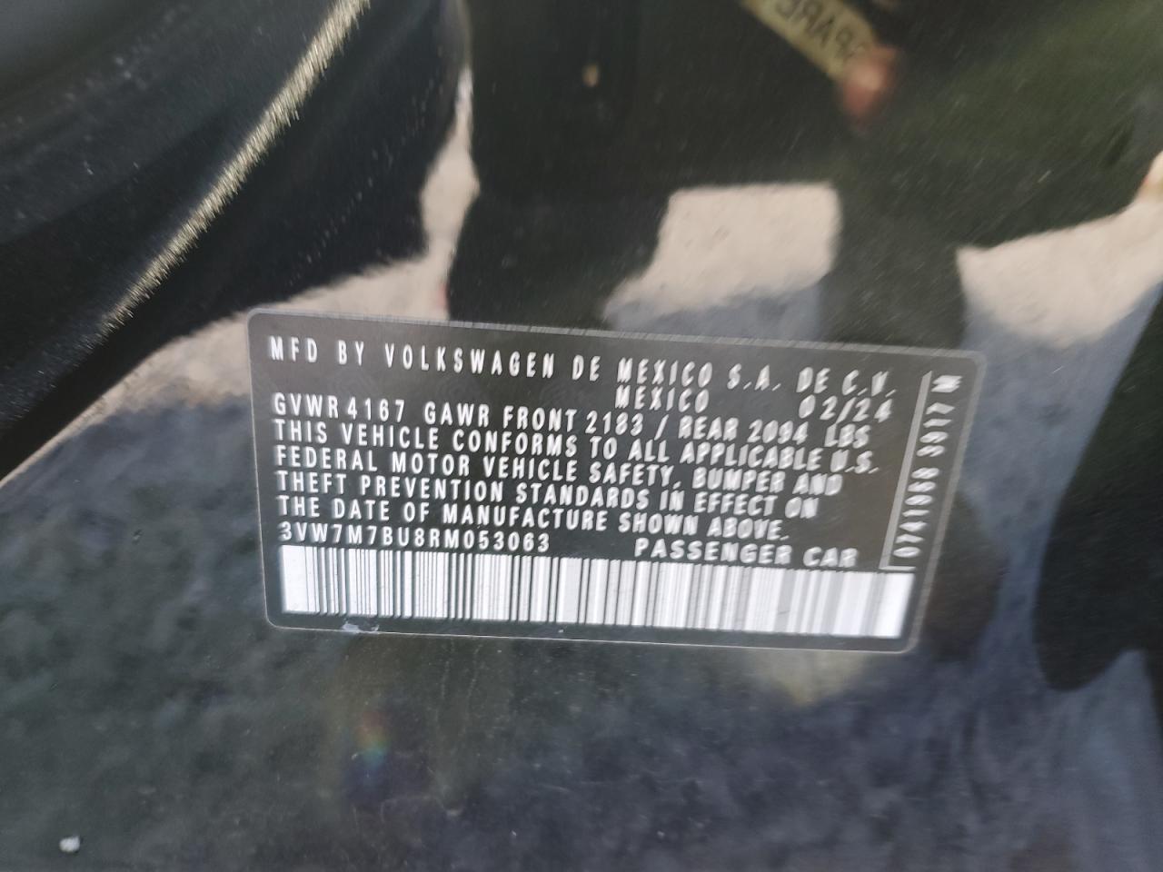 2024 VOLKSWAGEN JETTA SE VIN:3VW7M7BU8RM053063