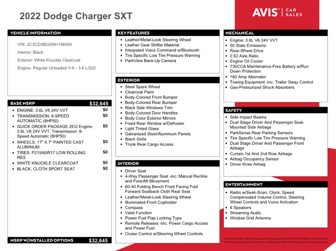 2022 DODGE CHARGER SXT VIN:2C3CDXBG0NH196954