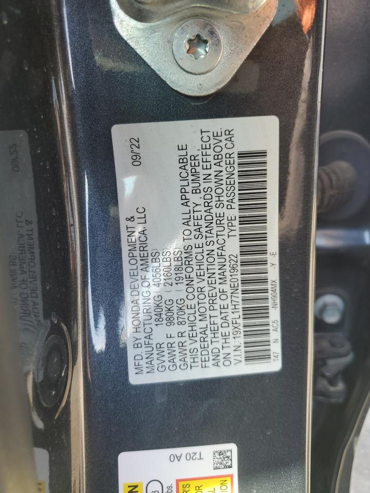 2022 HONDA CIVIC EXL VIN:19XFL1H77NE019622
