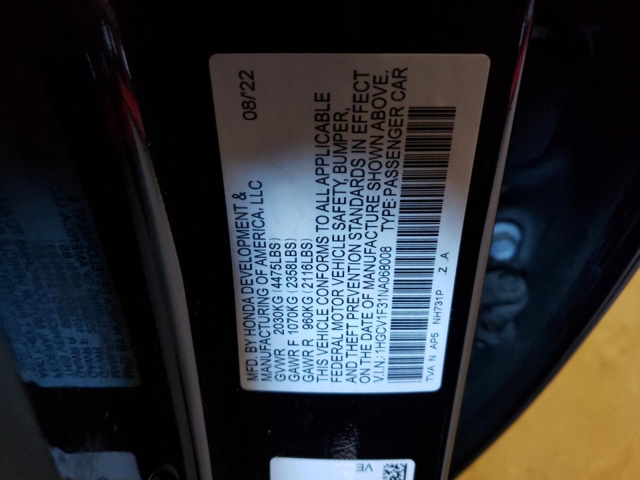2022 HONDA ACCORD SPORT VIN:1HGCV1F31NA068008