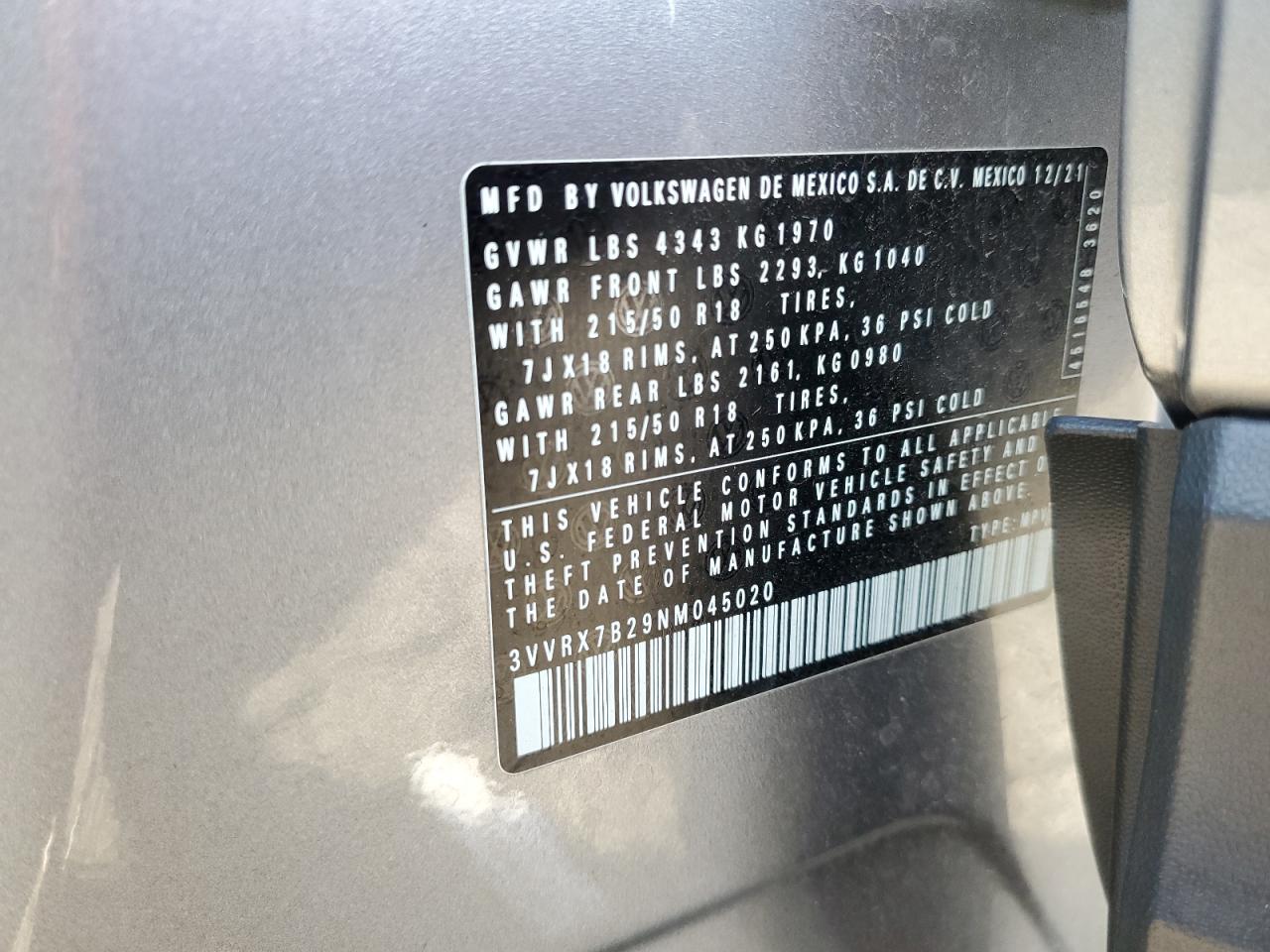 2022 VOLKSWAGEN TAOS SE VIN:3VVRX7B29NM045020