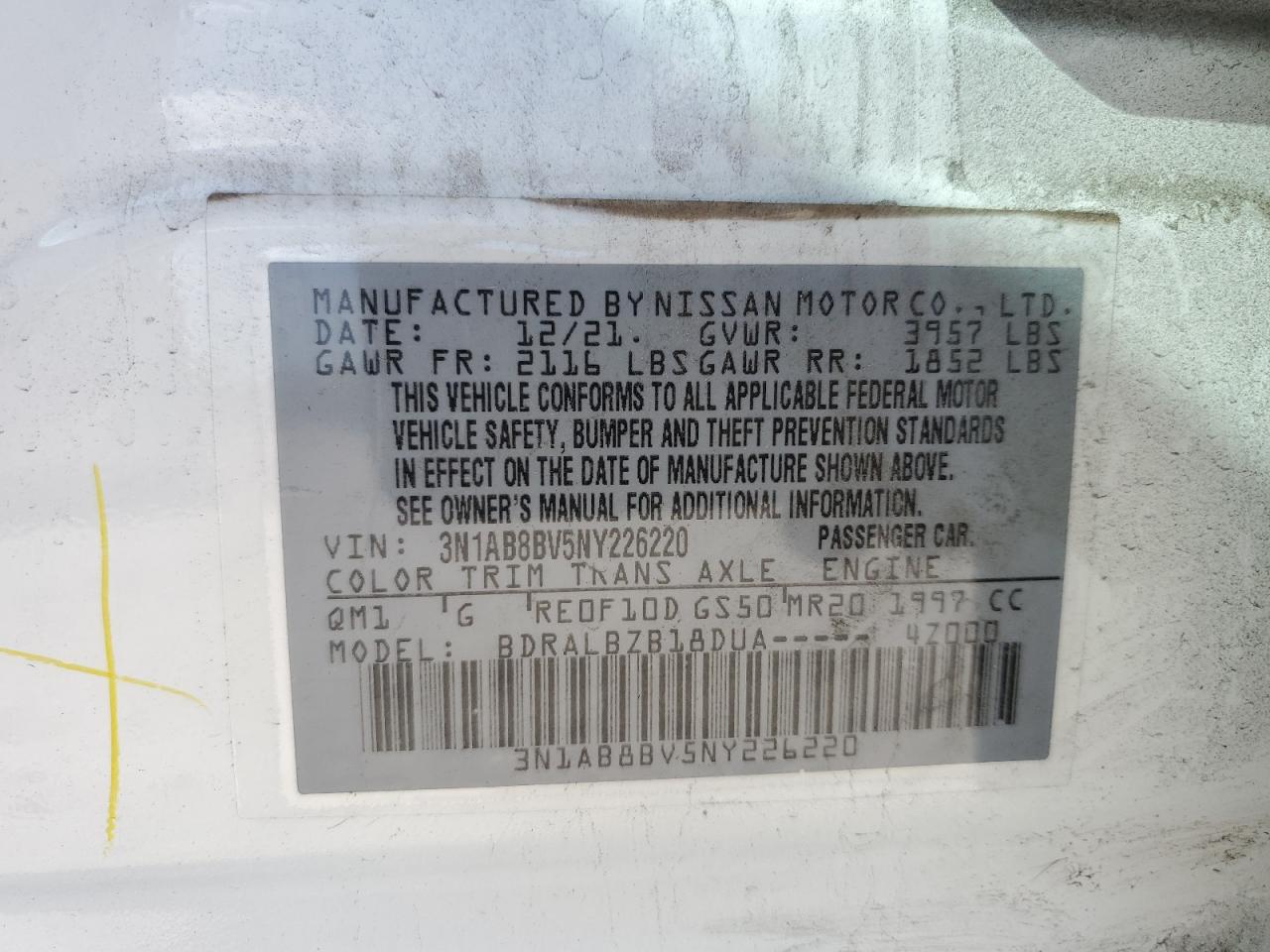 2022 NISSAN SENTRA S VIN:3N1AB8BV5NY226220