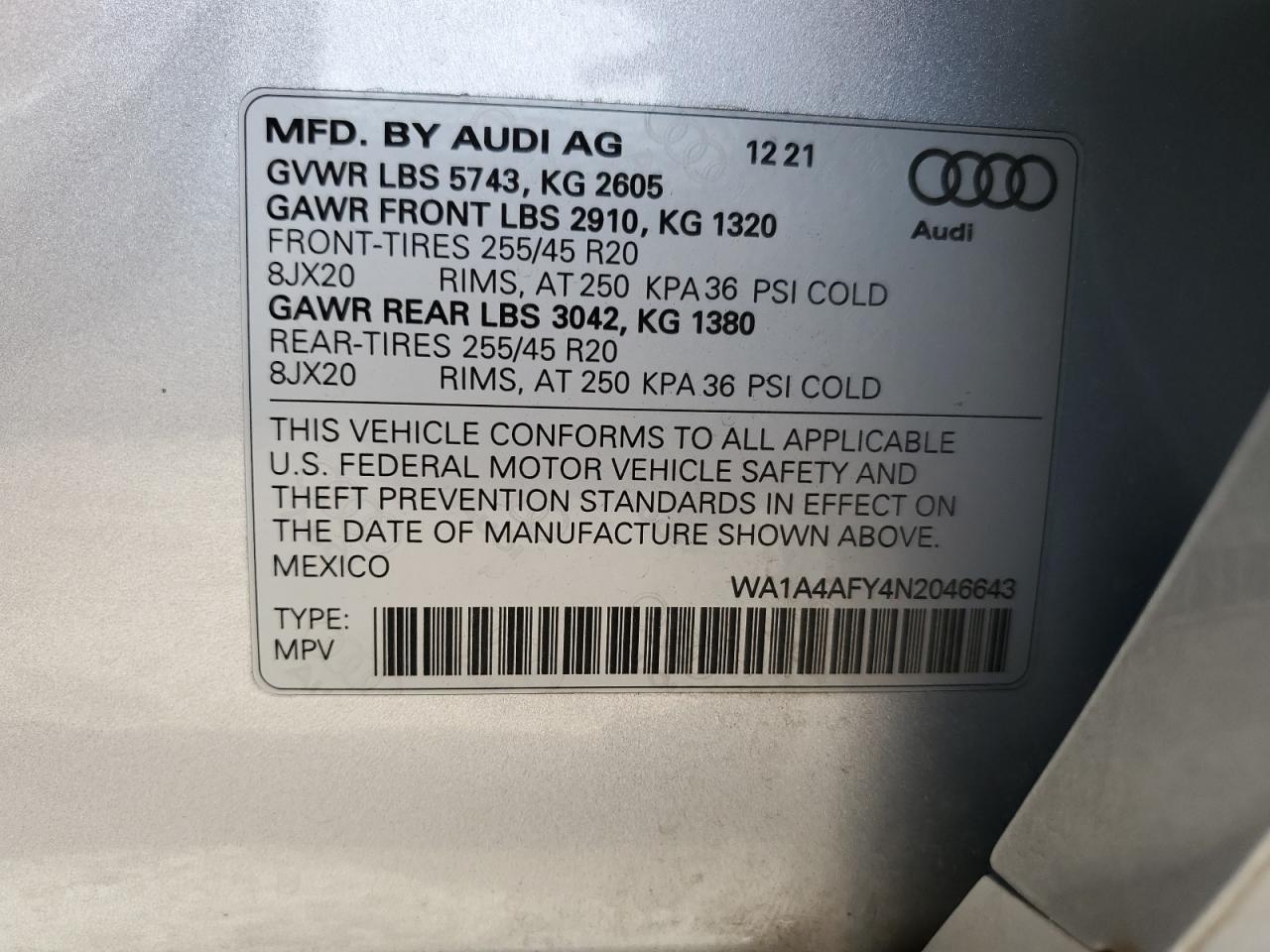 2022 AUDI SQ5 PREMIUM VIN:WA1A4AFY4N2046643