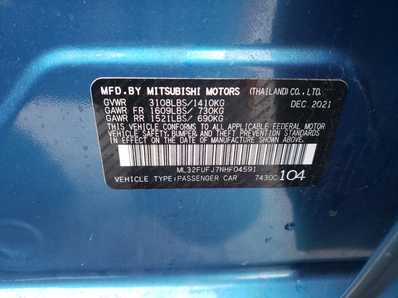 2022 MITSUBISHI MIRAGE G4 ES VIN:ML32FUFJ7NHF04591