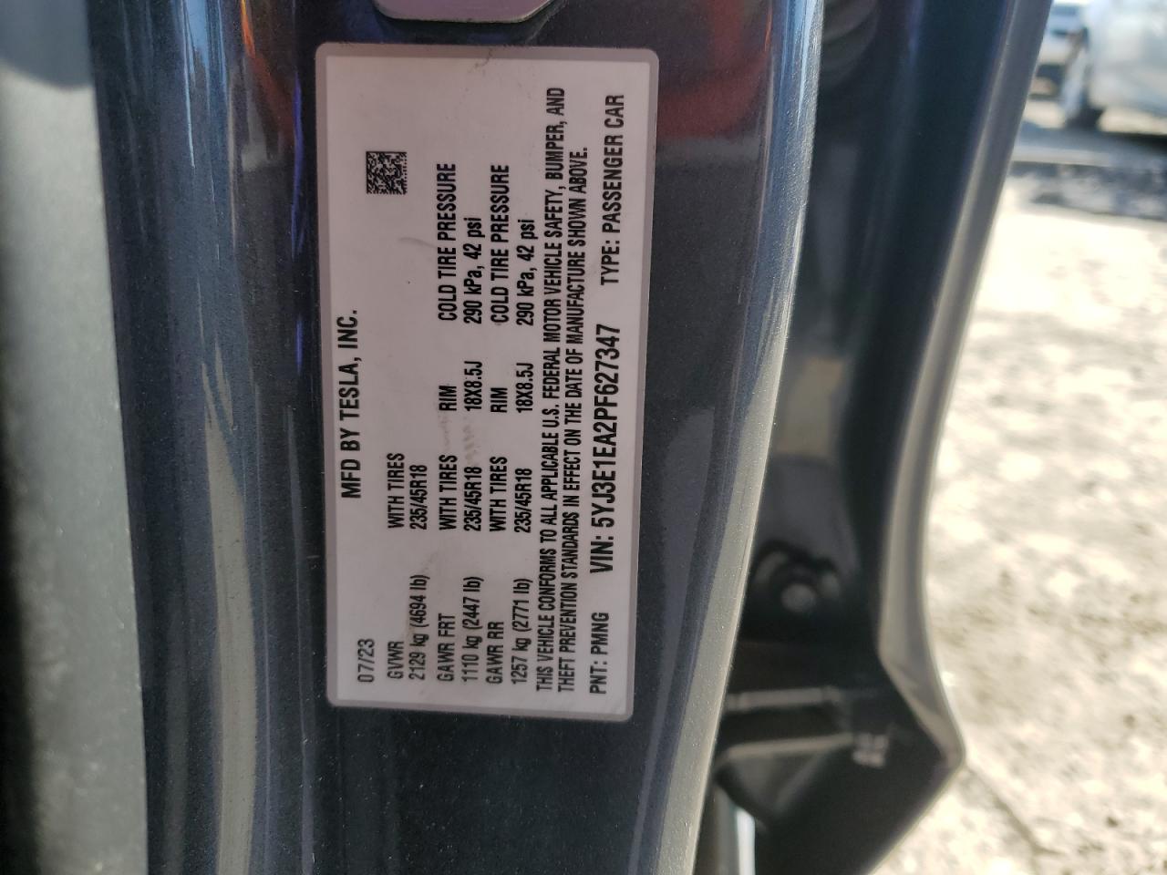2023 TESLA MODEL 3  VIN:5YJ3E1EA2PF627347
