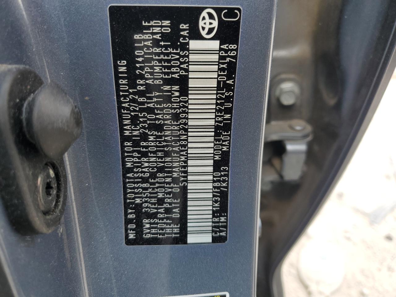 2022 TOYOTA COROLLA LE VIN:5YFEPMAE8NP299320