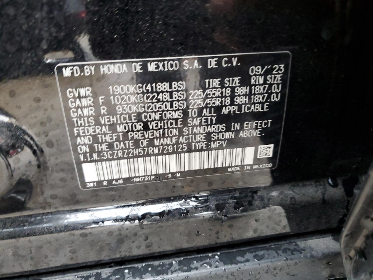 2024 HONDA HR-V SPORT VIN:3CZRZ2H57RM729125