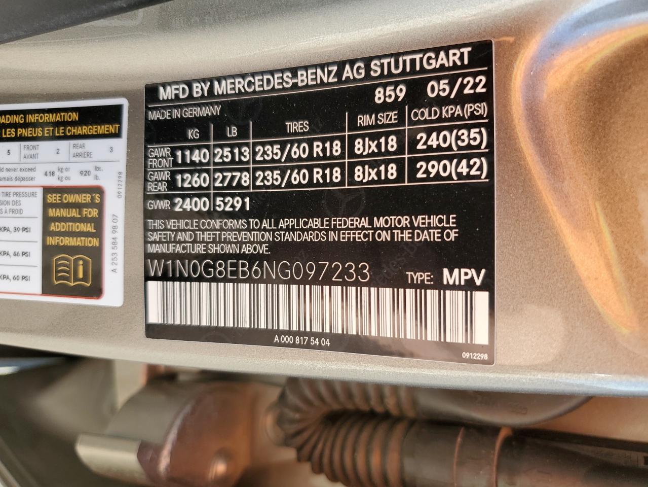 2022 MERCEDES-BENZ GLC 300 4MATIC VIN:W1N0G8EB6NG097233