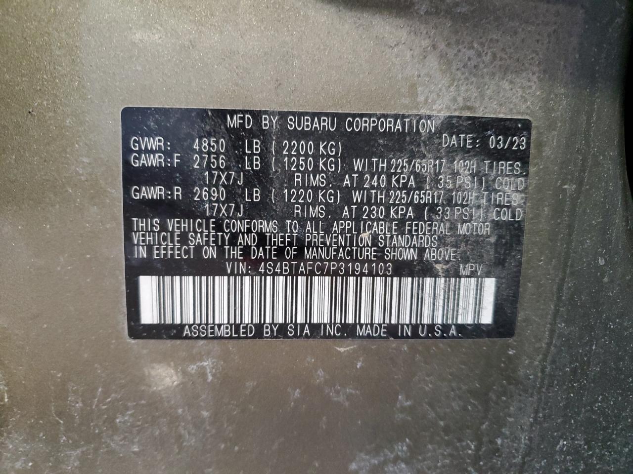 2023 SUBARU OUTBACK PREMIUM VIN:4S4BTAFC7P3194103