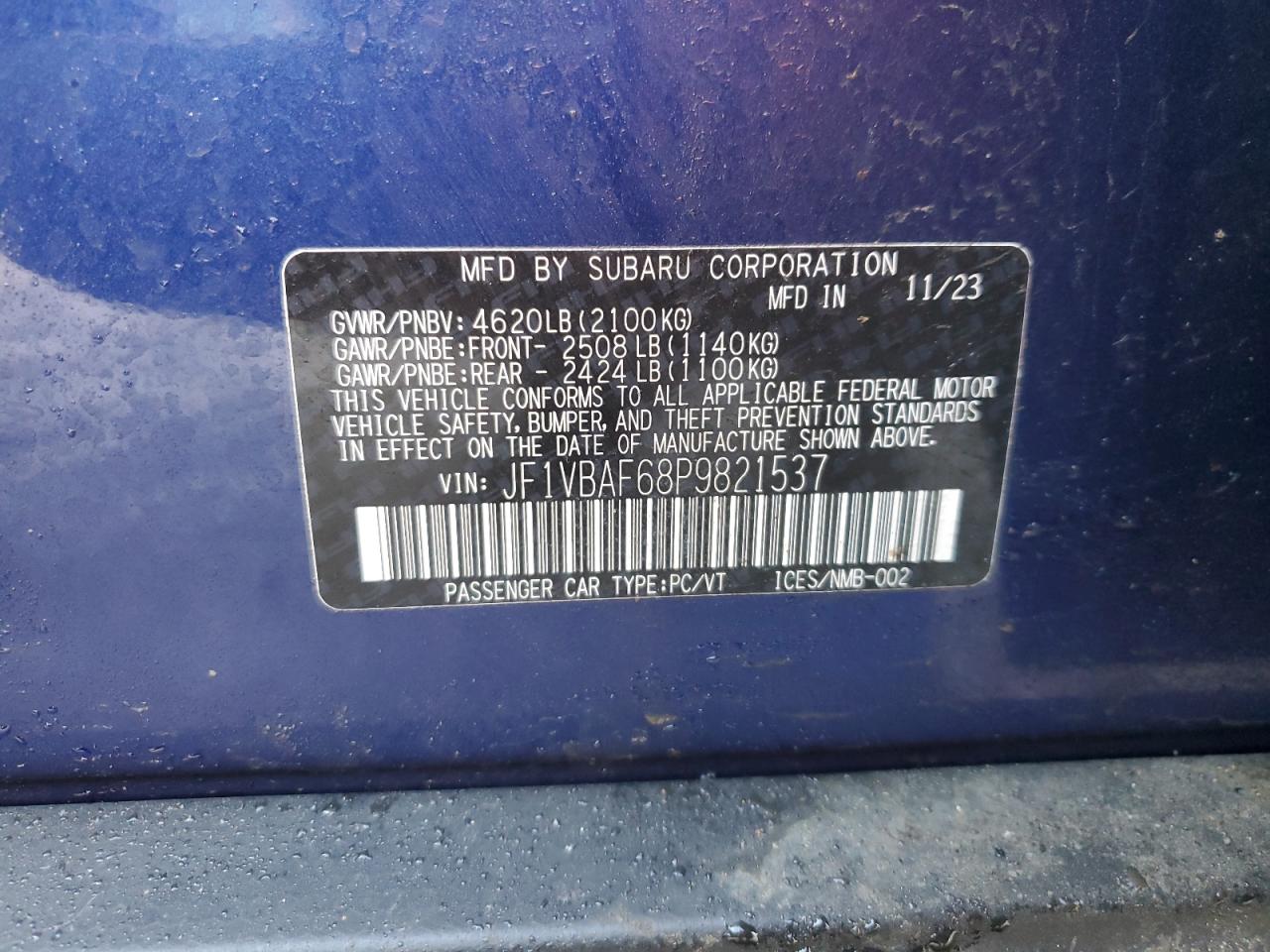 2023 SUBARU WRX PREMIUM VIN:JF1VBAF68P9821537