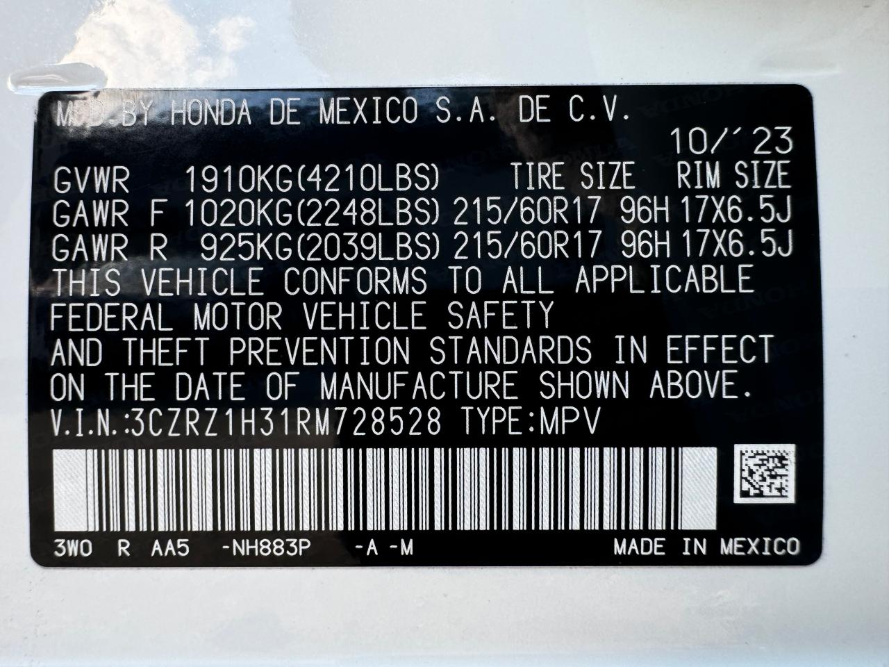 2024 HONDA HR-V LX VIN:3CZRZ1H31RM728528