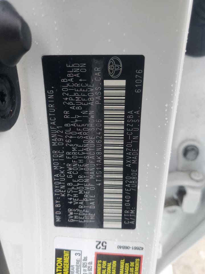 2022 TOYOTA CAMRY SE VIN:4T1G11AK8NU624206