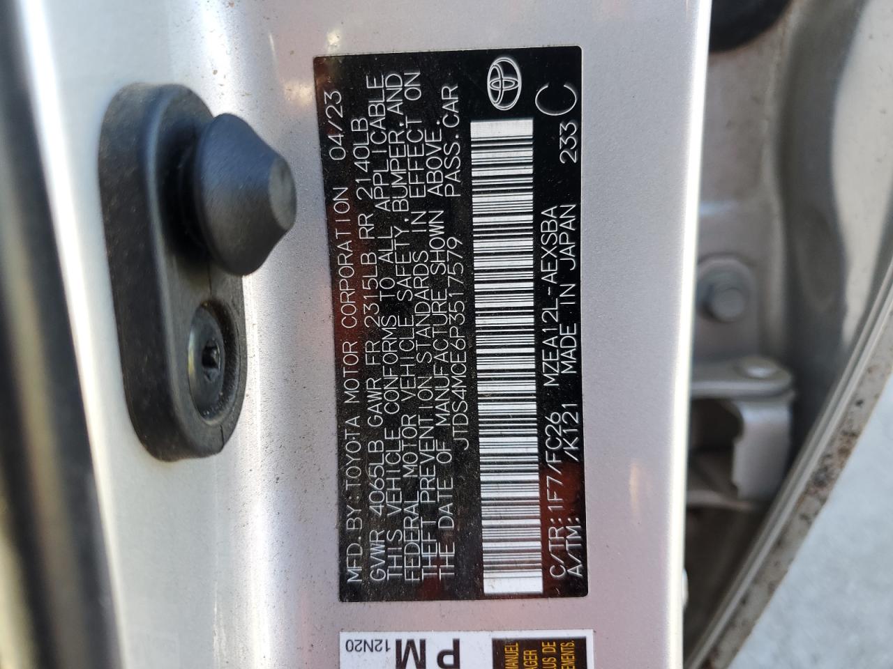 2023 TOYOTA COROLLA SE VIN:JTDS4MCE6P3517579