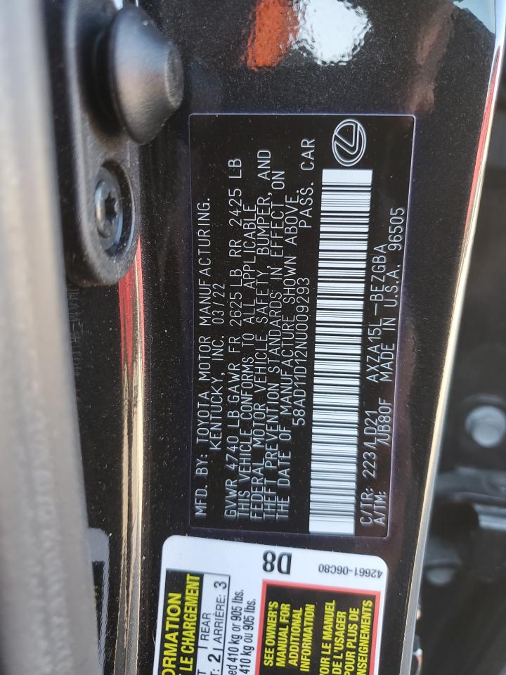 2022 LEXUS ES 250 BASE VIN:58AD11D12NU009293