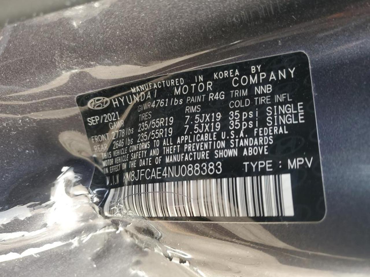 2022 HYUNDAI TUCSON N LINE VIN:KM8JFCAE4NU088383