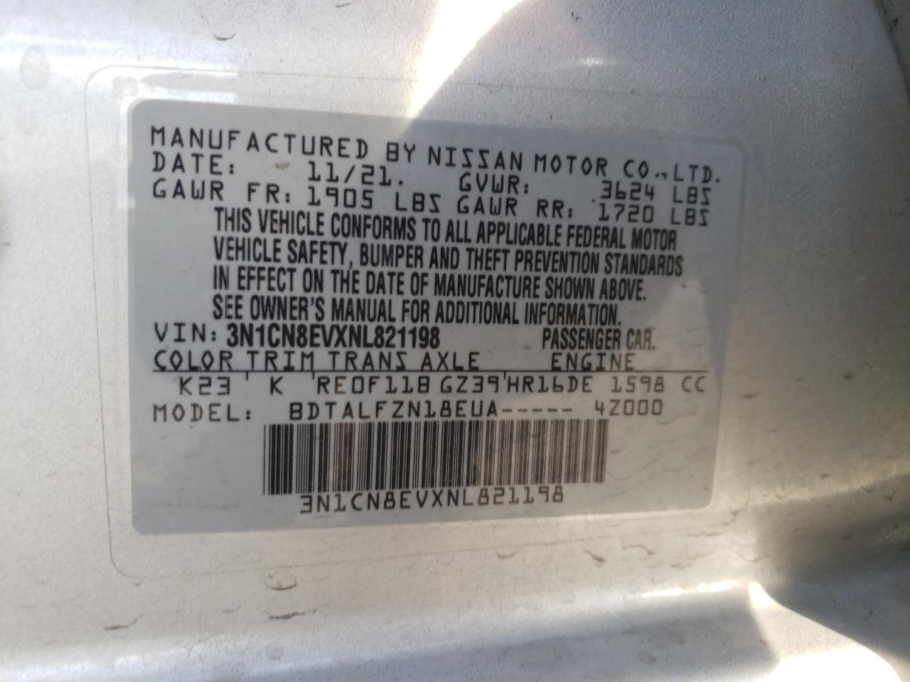 2022 NISSAN VERSA SV VIN:3N1CN8EVXNL821198