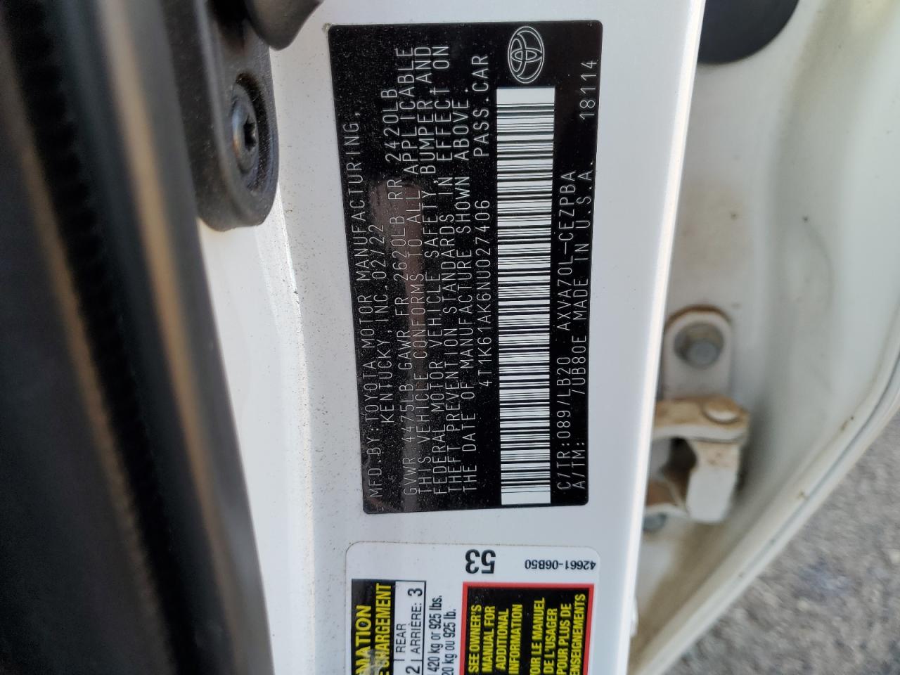 2022 TOYOTA CAMRY XSE VIN:4T1K61AK6NU027406