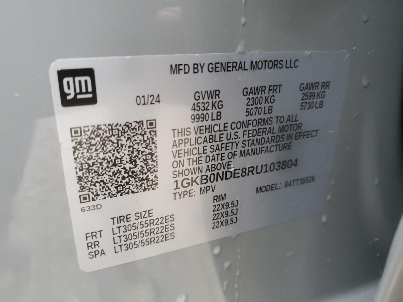2024 GMC HUMMER SUV 2X VIN:1GKB0NDE8RU103804