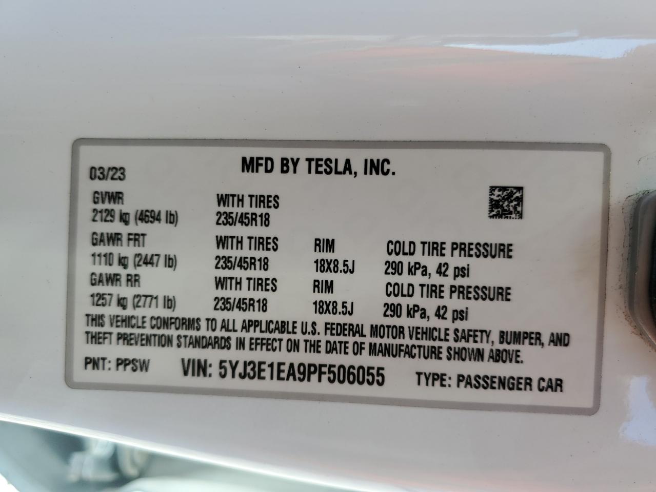 2023 TESLA MODEL 3  VIN:5YJ3E1EA9PF506055