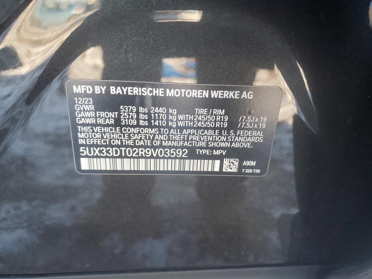 2024 BMW X4 XDRIVE30I VIN:5UX33DT02R9V03592