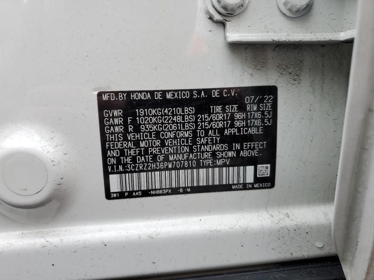 2023 HONDA HR-V LX VIN:3CZRZ2H36PM707810