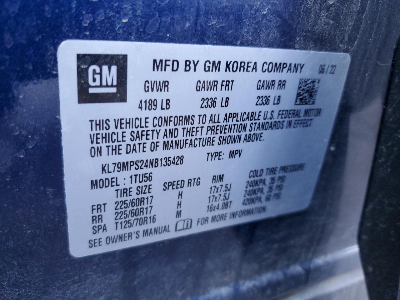 2022 CHEVROLET TRAILBLAZER LT VIN:KL79MPS24NB135428