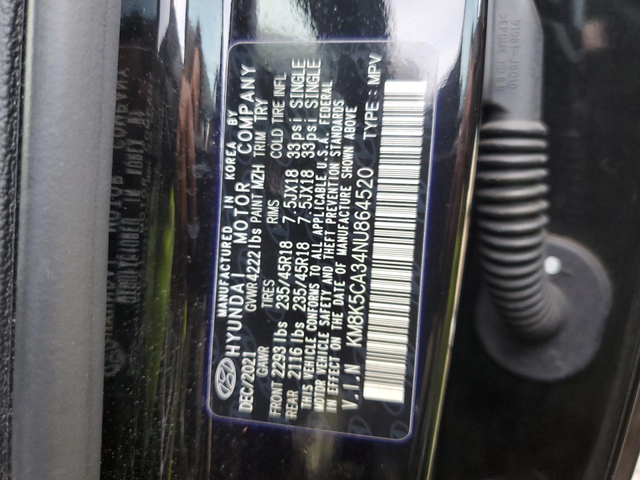 2022 HYUNDAI KONA LIMITED VIN:KM8K5CA34NU864520