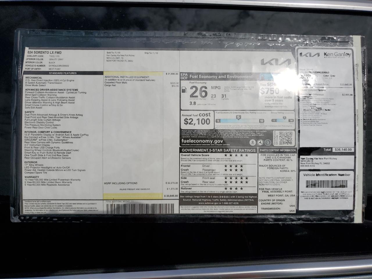 2024 KIA SORENTO LX VIN:5XYRG4JC6RG306002