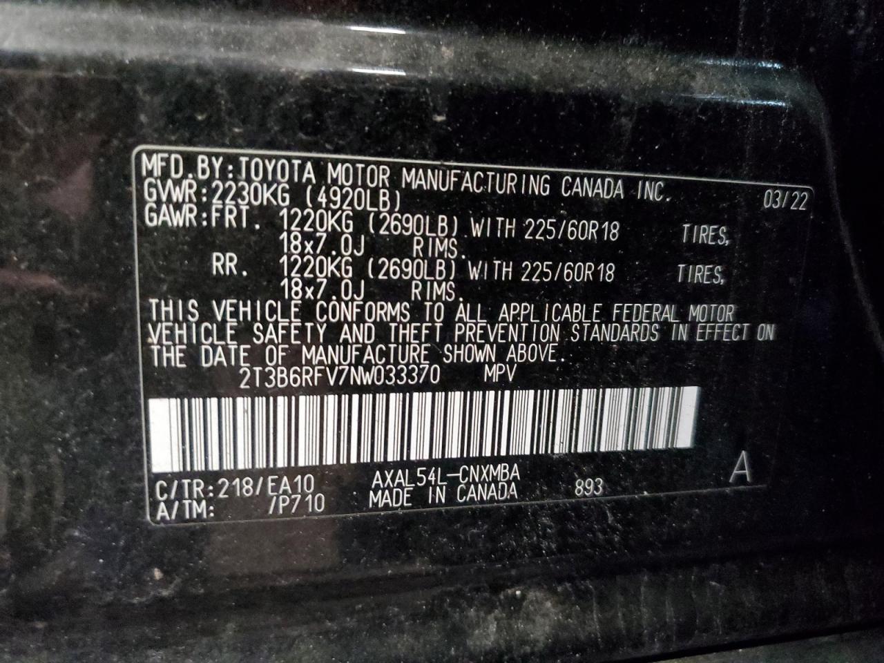 2022 TOYOTA RAV4 XLE PREMIUM VIN:2T3B6RFV7NW033370