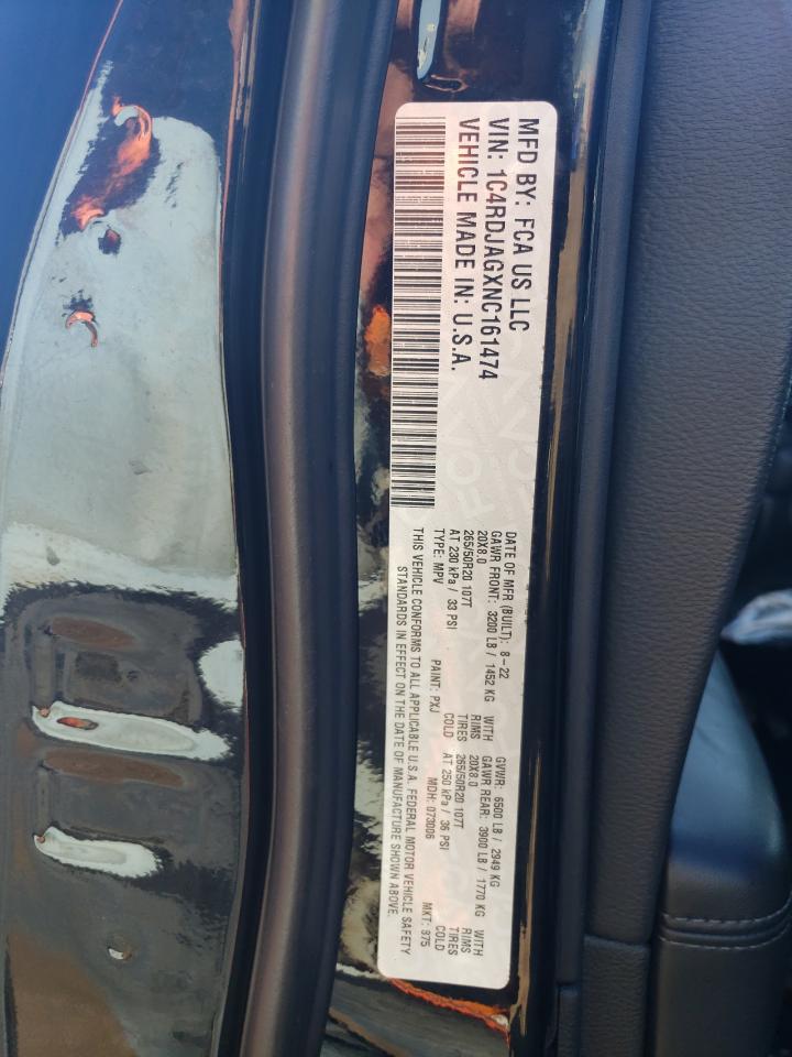 2022 DODGE DURANGO SXT VIN:1C4RDJAGXNC161474