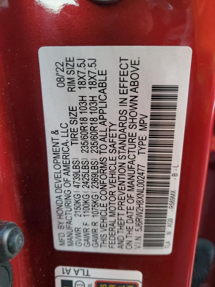 2022 HONDA CR-V EXL VIN:5J6RW2H8XNL002477