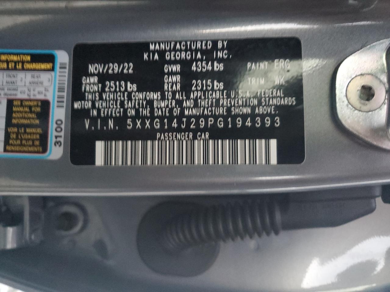 2023 KIA K5 LXS VIN:5XXG14J29PG194393