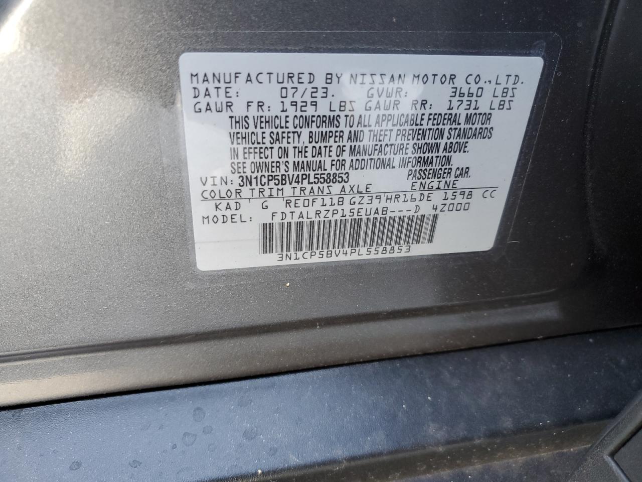 2023 NISSAN KICKS S VIN:3N1CP5BV4PL558853