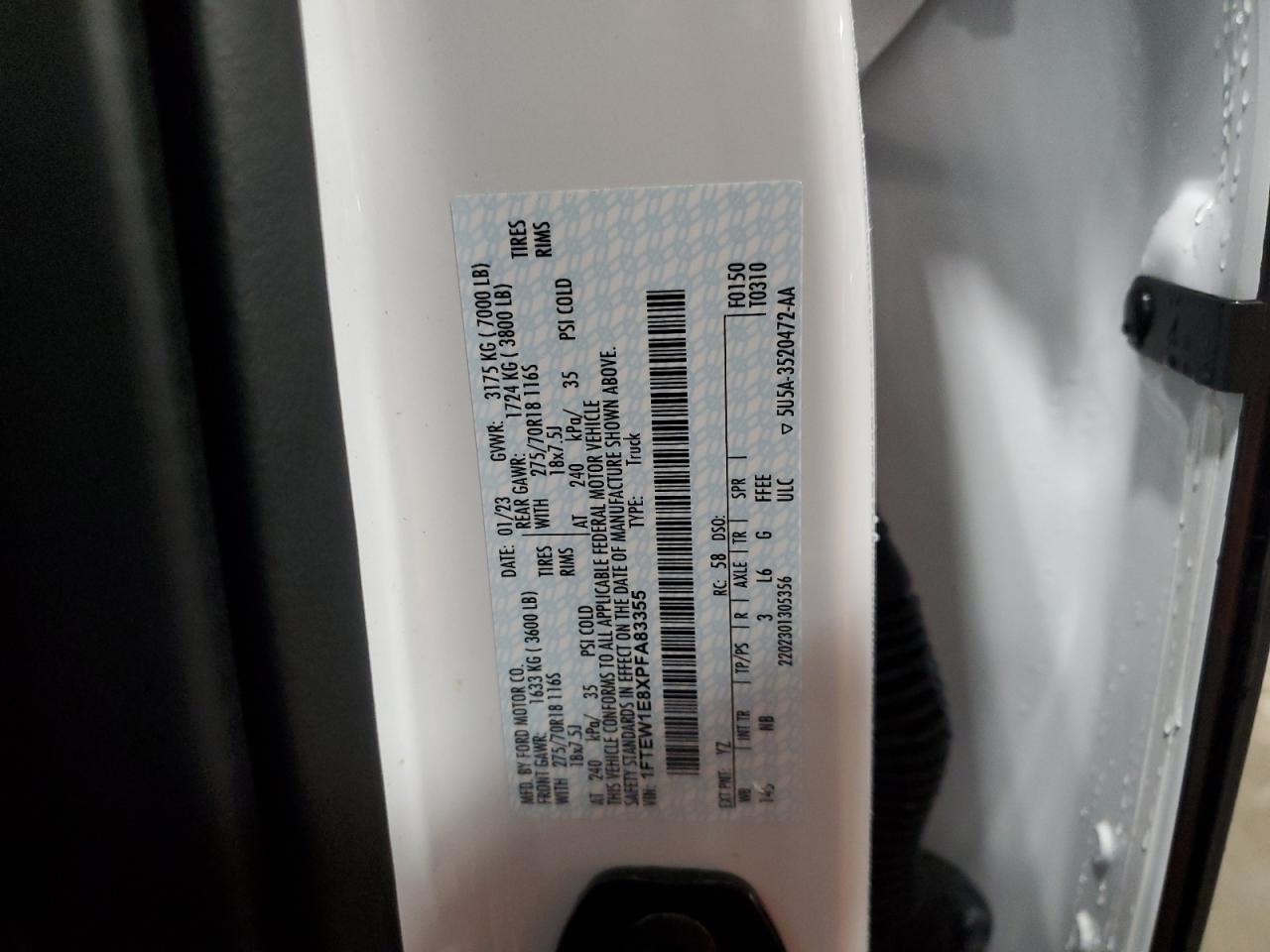 2023 FORD F150 SUPERCREW VIN:1FTEW1E8XPFA83355