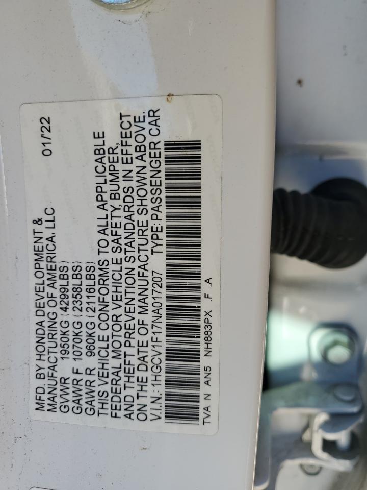 2022 HONDA ACCORD LX VIN:1HGCV1F17NA017207