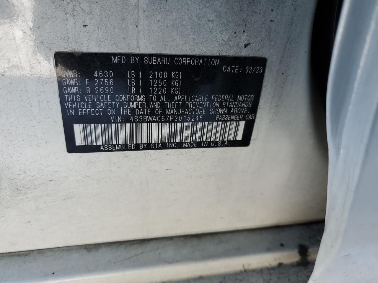 2023 SUBARU LEGACY PREMIUM VIN:4S3BWAC67P3015245