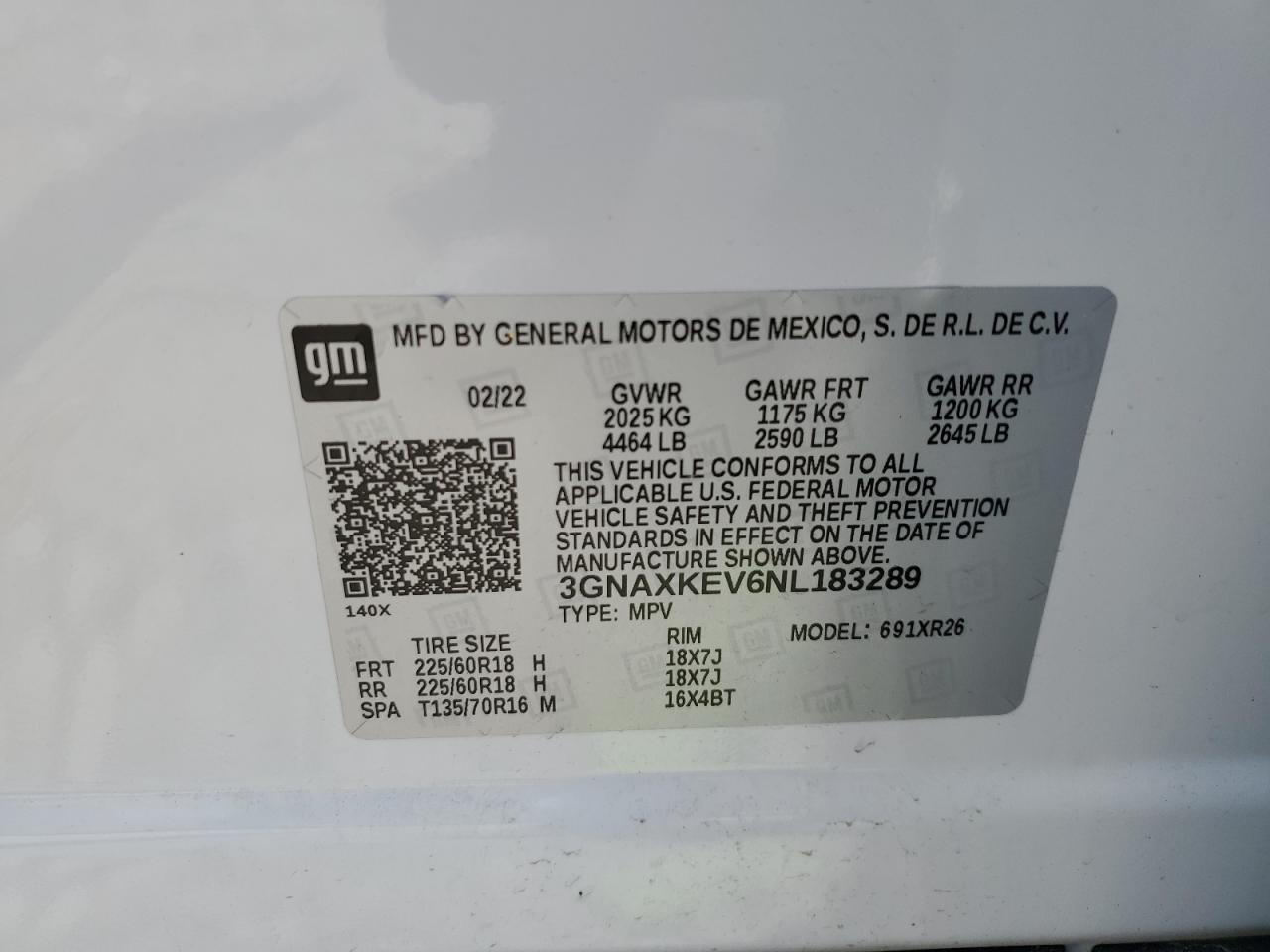 2022 CHEVROLET EQUINOX LT VIN:3GNAXKEV6NL183289