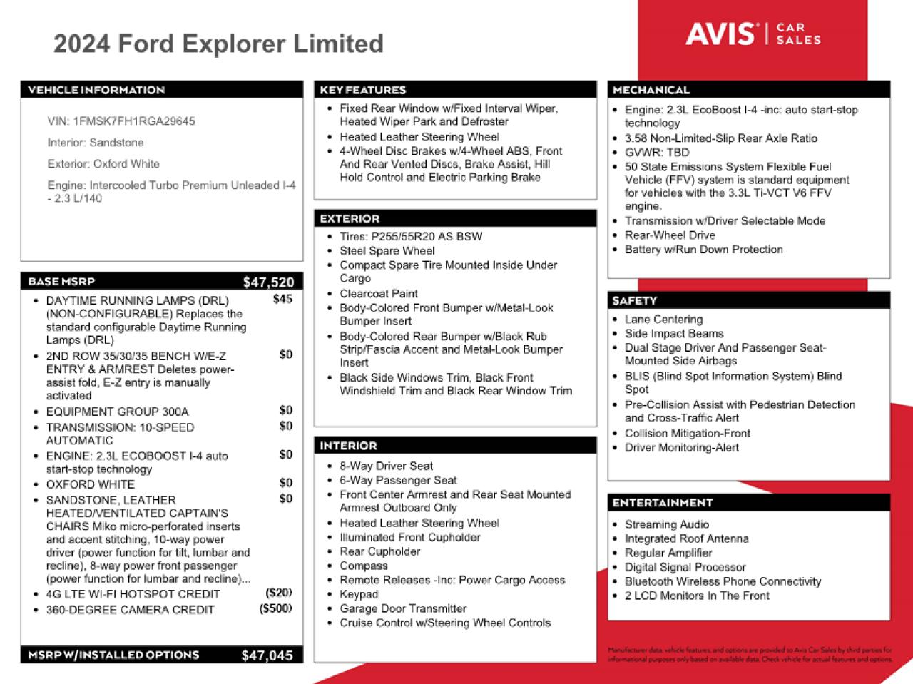 2024 FORD EXPLORER LIMITED VIN:1FMSK7FH1RGA29645