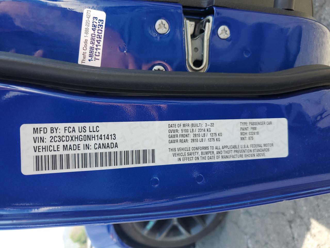 2022 DODGE CHARGER GT VIN:2C3CDXHG0NH141413