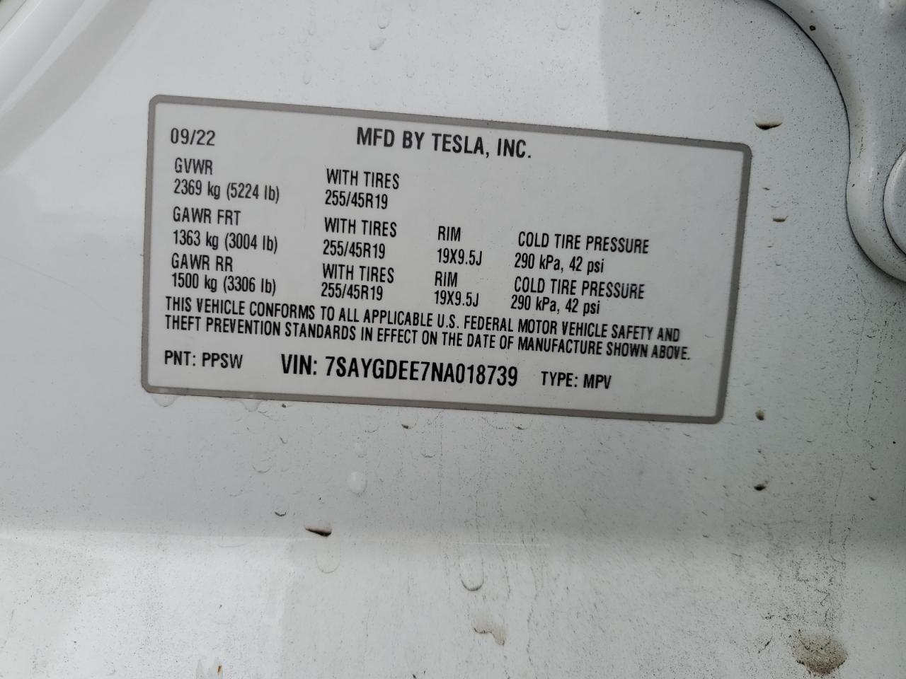 2022 TESLA MODEL Y  VIN:7SAYGDEE7NA018739