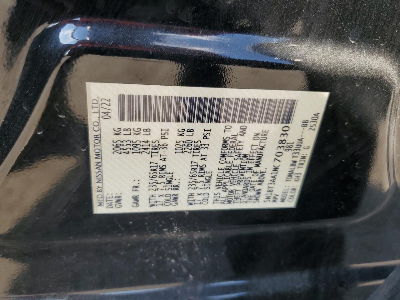 2022 NISSAN ROGUE S VIN:5N1BT3AA1NC703830