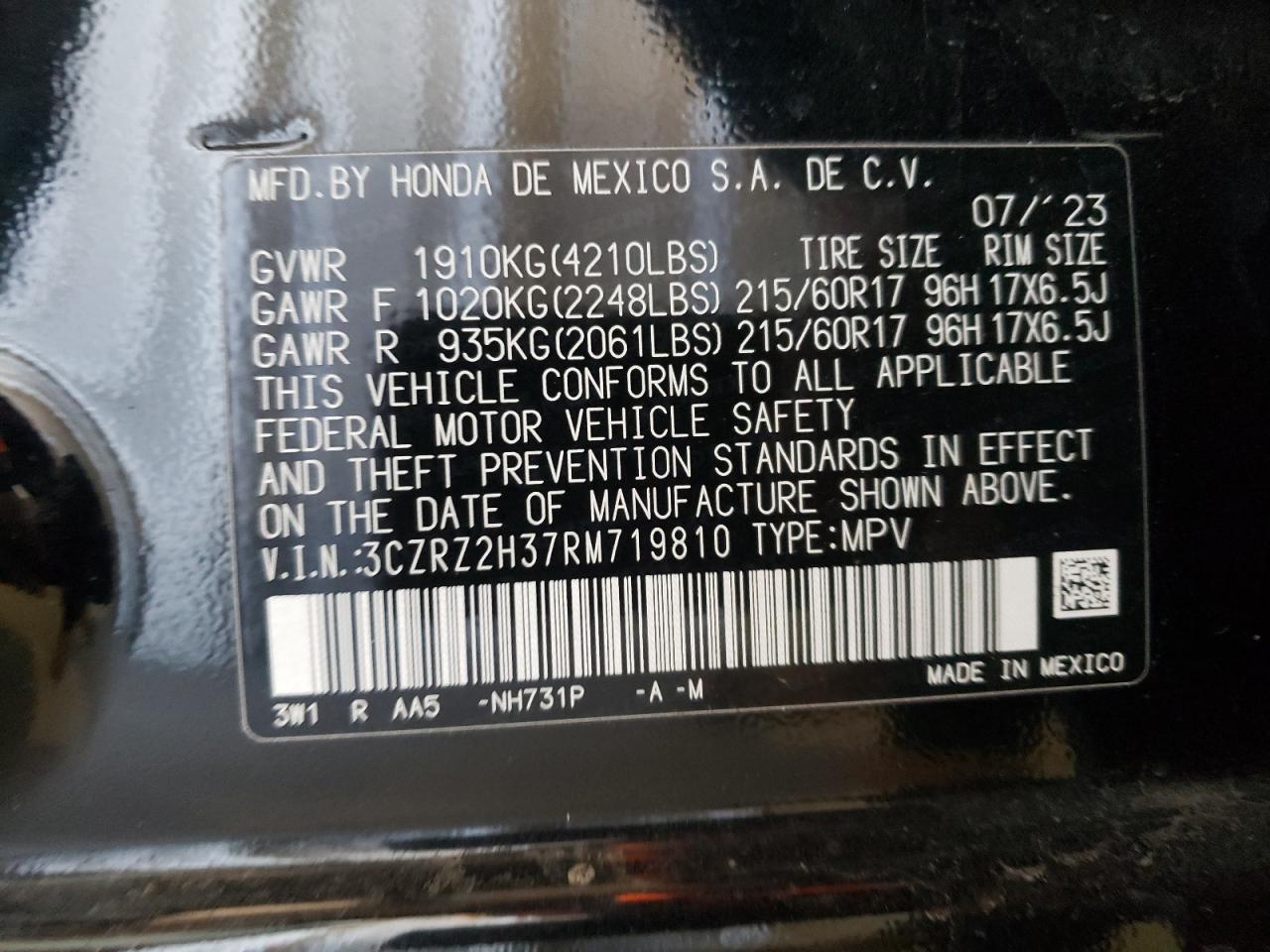 2024 HONDA HR-V LX VIN:3CZRZ2H37RM719810