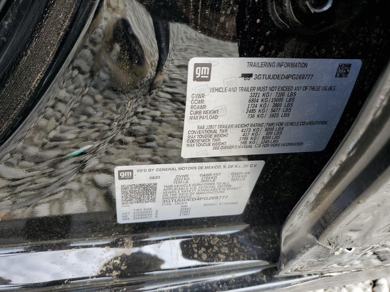 2023 GMC SIERRA K1500 SLT VIN:3GTUUDED4PG269777