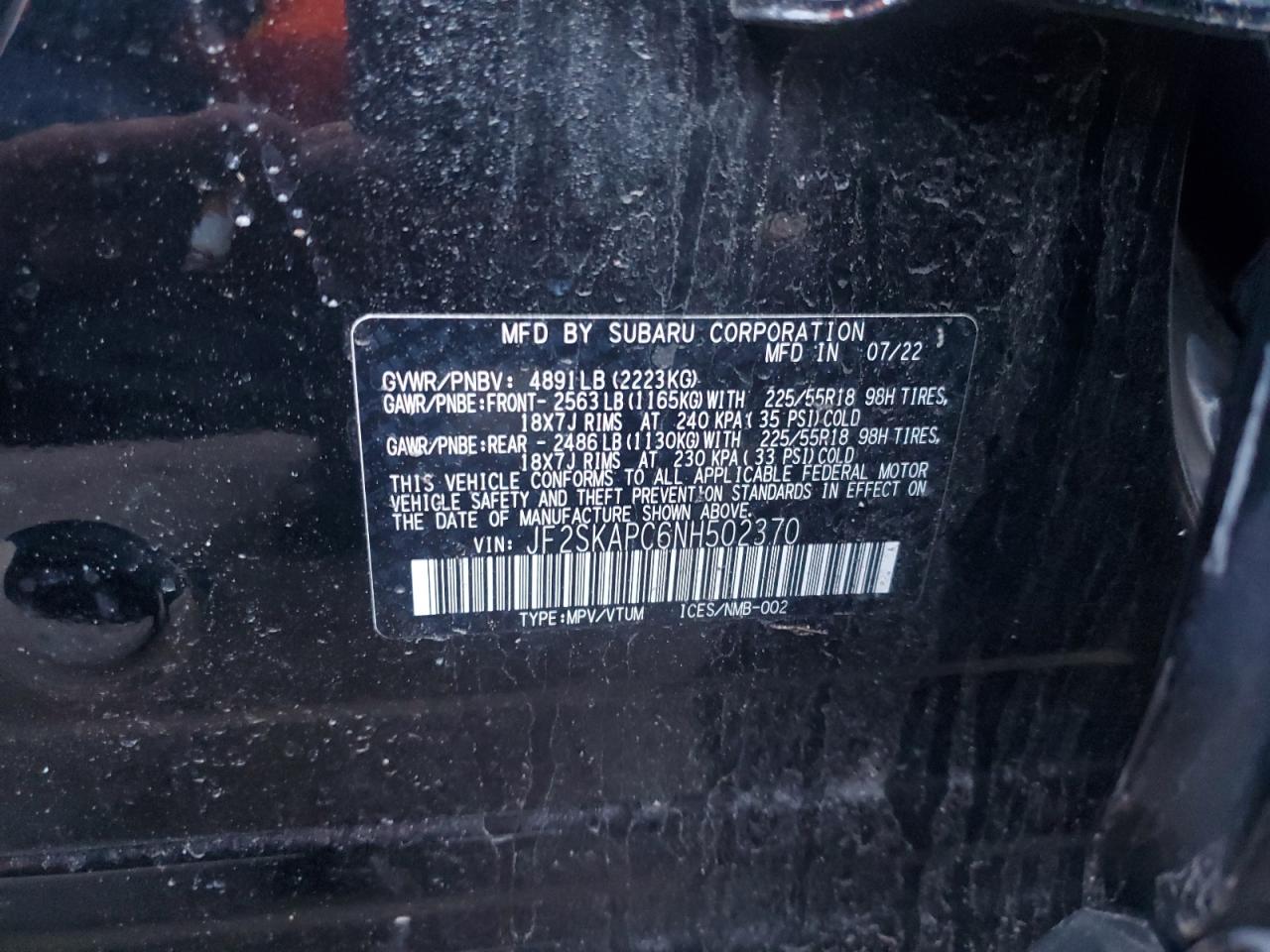 2022 SUBARU FORESTER LIMITED VIN:JF2SKAPC6NH502370