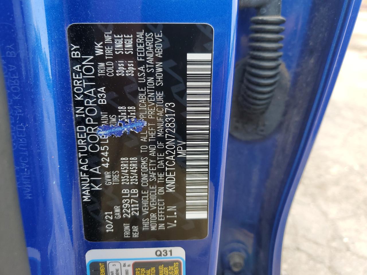 2022 KIA SELTOS SX VIN:KNDETCA20N7283173