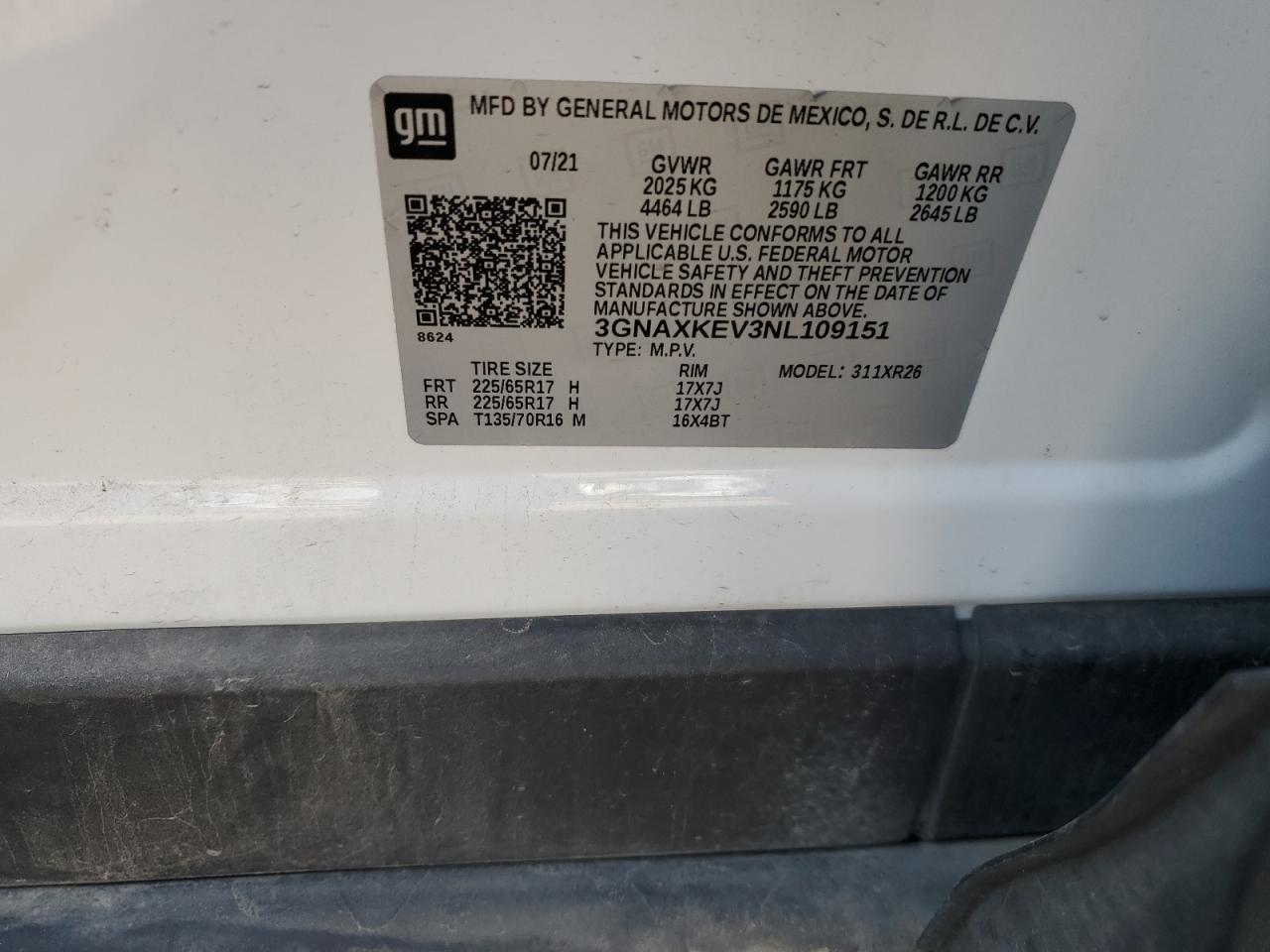 2022 CHEVROLET EQUINOX LT VIN:3GNAXKEV3NL109151