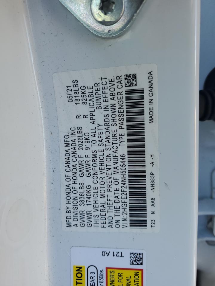 2022 HONDA CIVIC LX VIN:2HGFE2F24NH505446