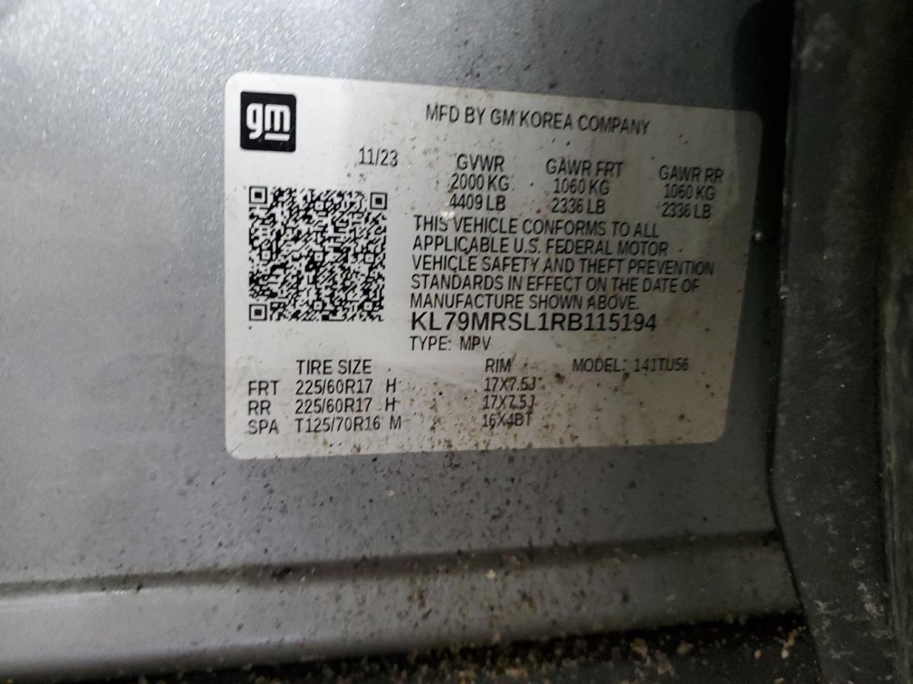 2024 CHEVROLET TRAILBLAZER LT VIN:KL79MRSL1RB115194